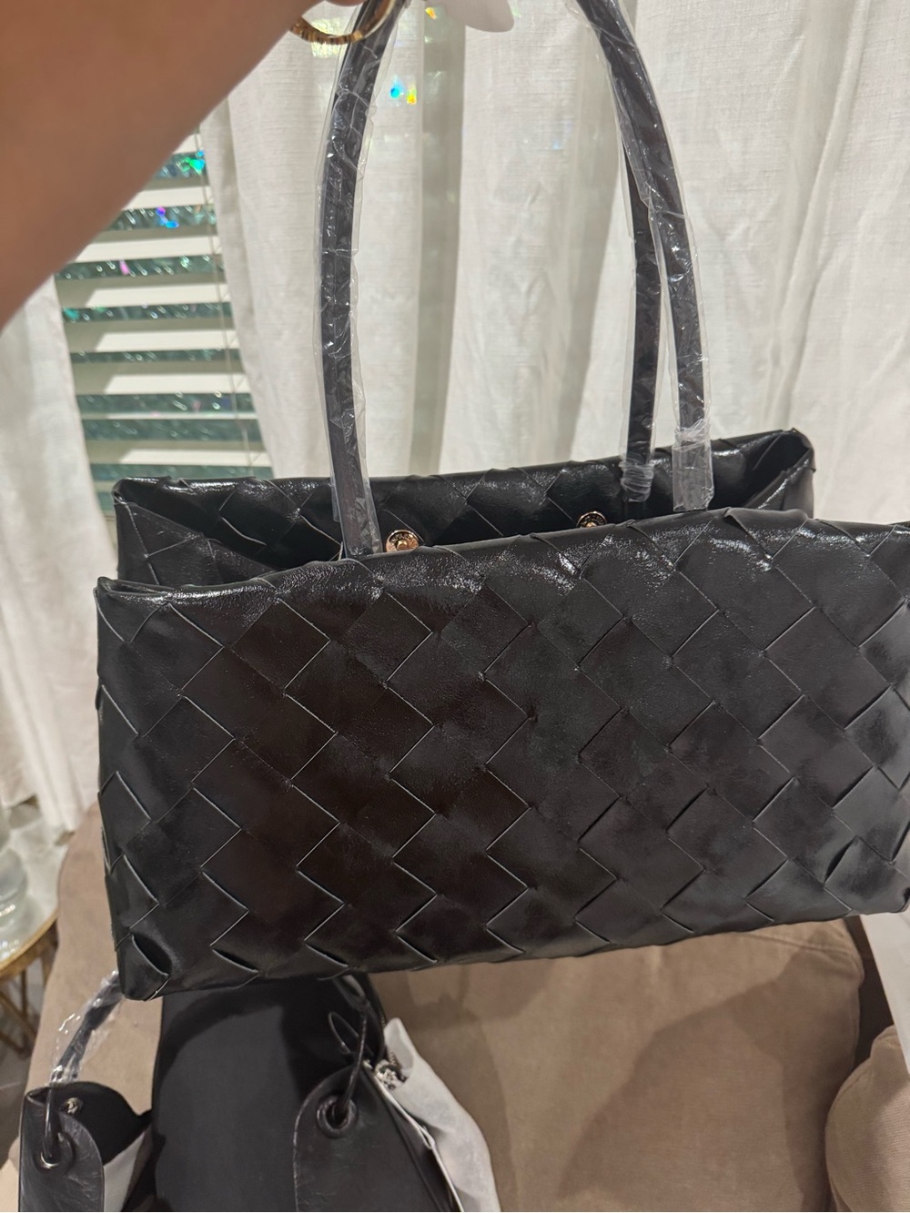 Woven Leather-Style Black Tote Bag